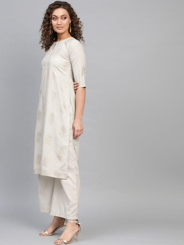 Beige Printed Cotton Kurta - Libas