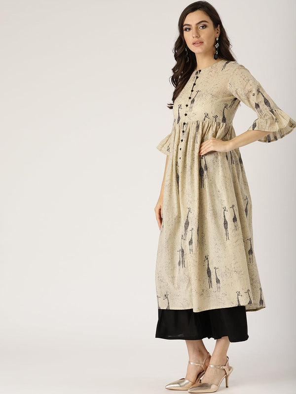 Beige Printed Cotton Kurta - Libas