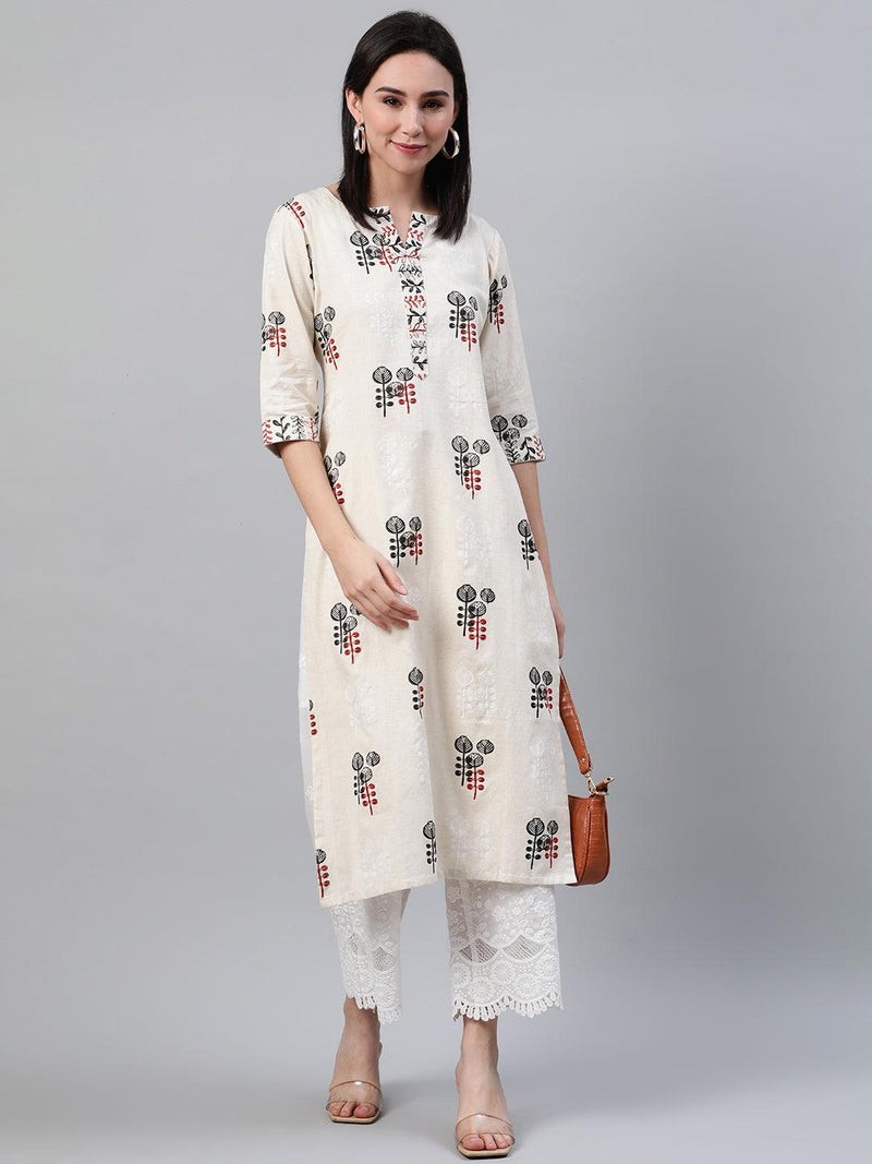 Beige Printed Cotton Kurta - Libas