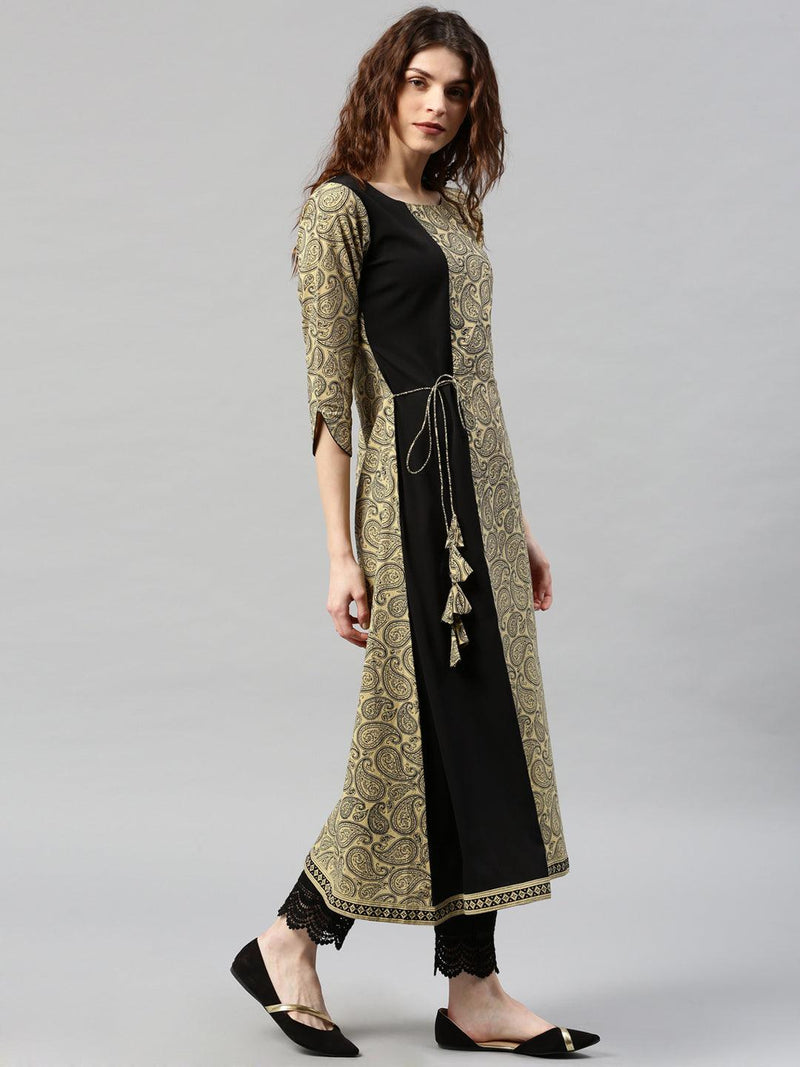 Beige Printed Cotton Kurta - Libas