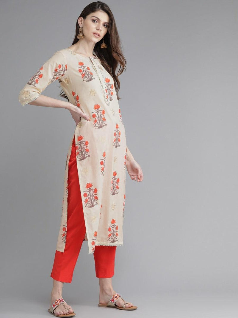 Beige Printed Cotton Kurta - Libas