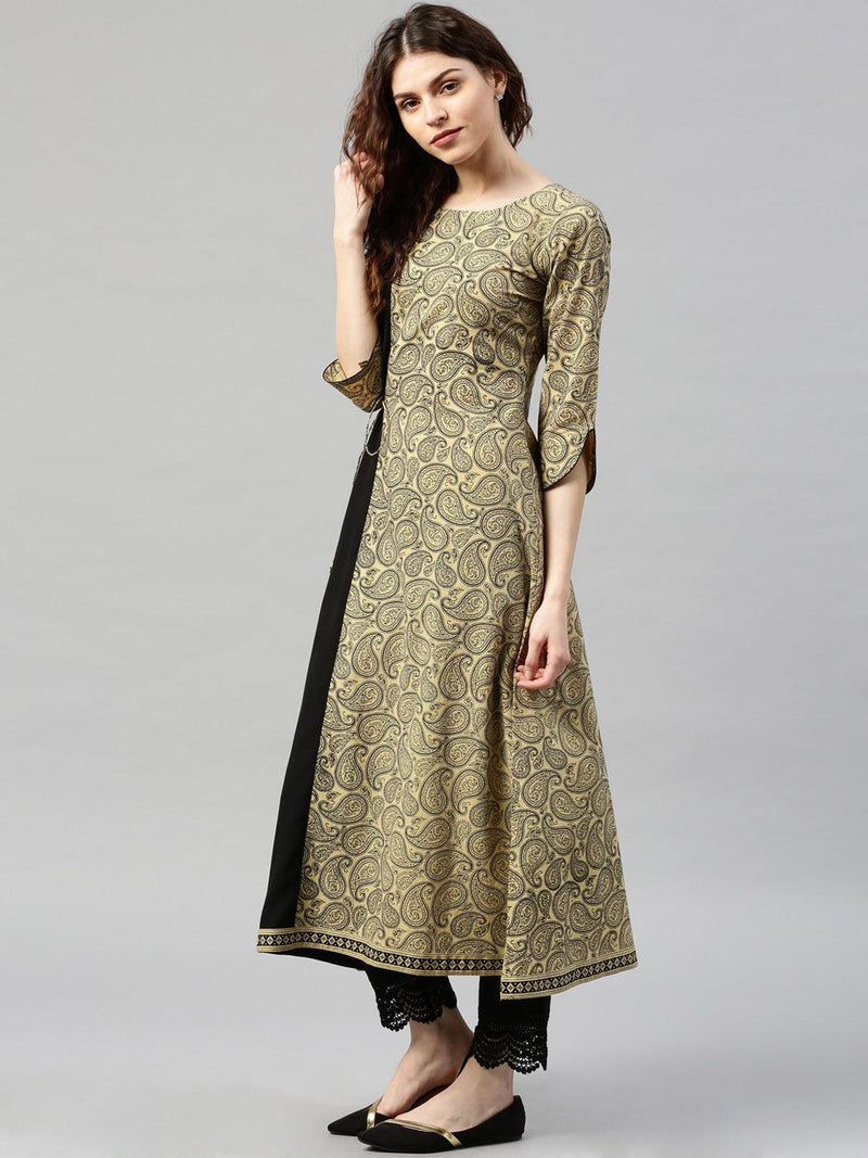 Beige Printed Cotton Kurta - Libas