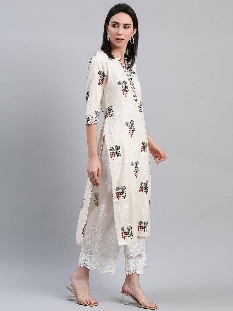 Beige Printed Cotton Kurta - Libas