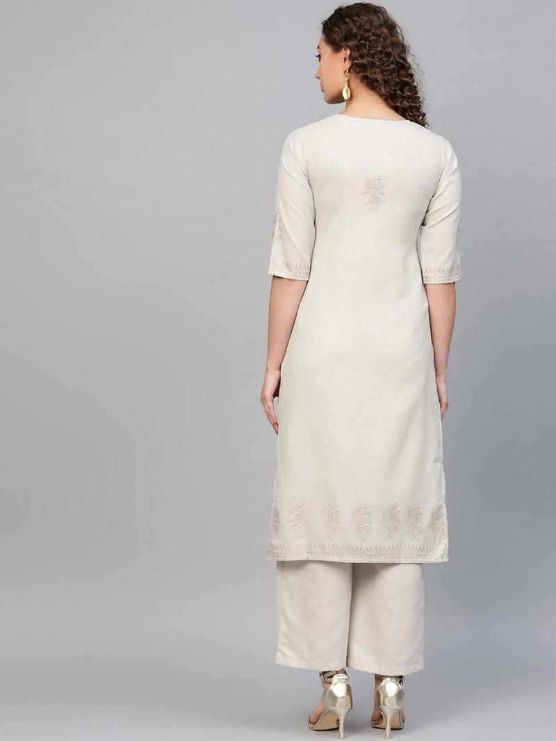 Beige Printed Cotton Kurta - Libas