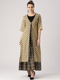 Beige Printed Cotton Kurta With Jacket - Libas