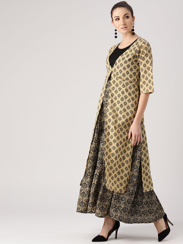 Beige Printed Cotton Kurta With Jacket - Libas