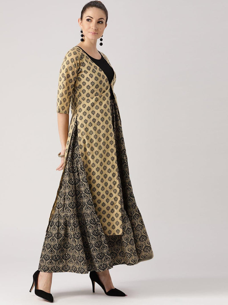 Beige Printed Cotton Kurta With Jacket - Libas