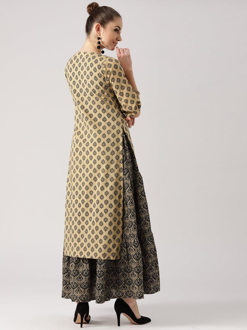 Beige Printed Cotton Kurta With Jacket - Libas