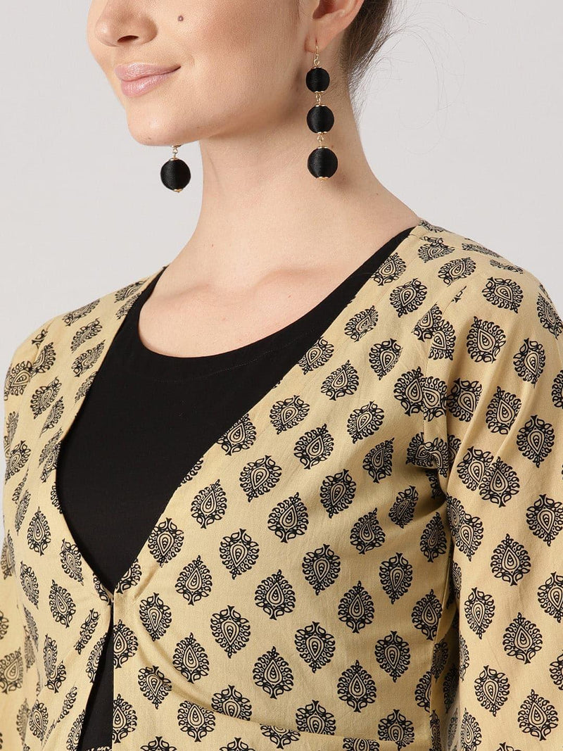 Beige Printed Cotton Kurta With Jacket - Libas